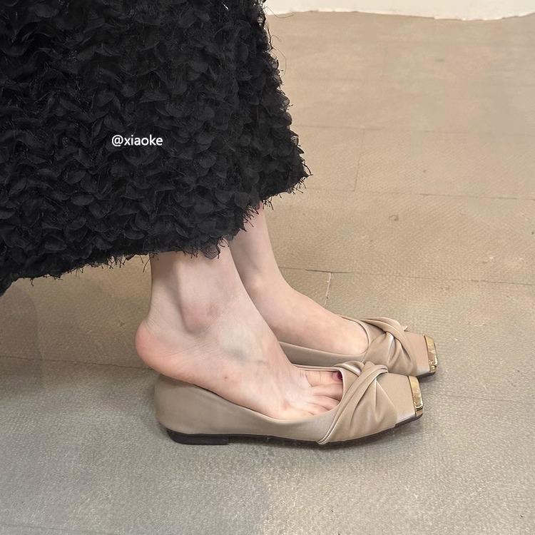 Spring 2025 new French temperament with skirt single shoes female light mouth fairy style satin square head flat bottom ladyshoes