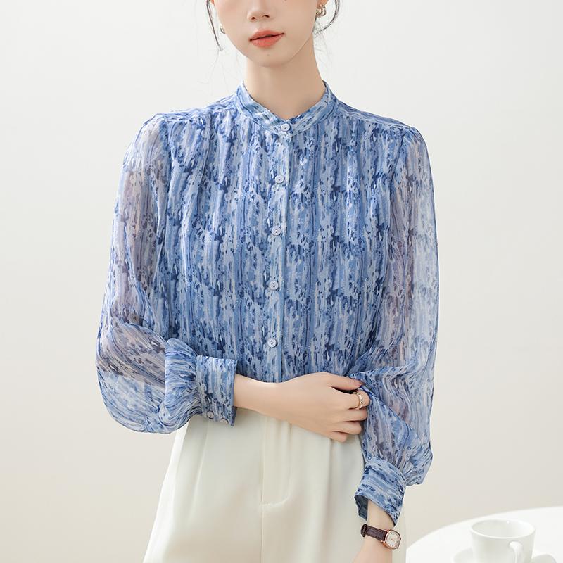 Women Blouses Shirts 2025 Spring Long Sleeve Women Blouse Shirt Stand Collar Print Chiffon Blouse Shirt Women Tops J922