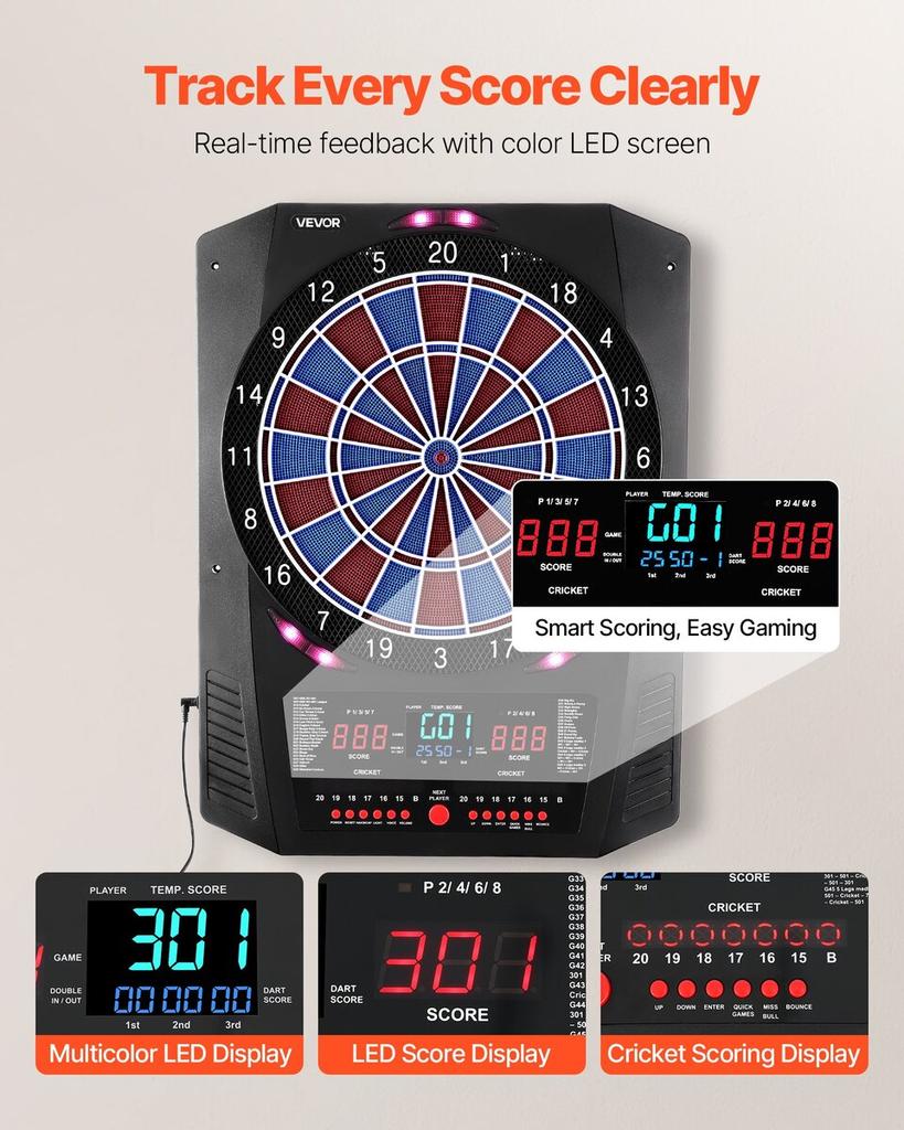 Electronic Dart Board, 336mm Target Dartboard with 45 Games & 474 Variations for Up To 8 Players, 6 Dart Shafts with Flights & 50 Soft Tips, Color LED