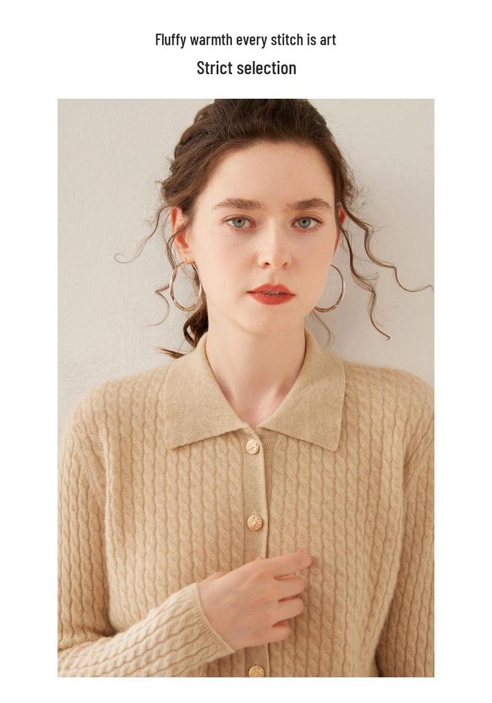 Women's Twist Pattern Polo Collar Wool Cardigan - Autumn/Winter Slim Fit Cashmere Knit Sweater
