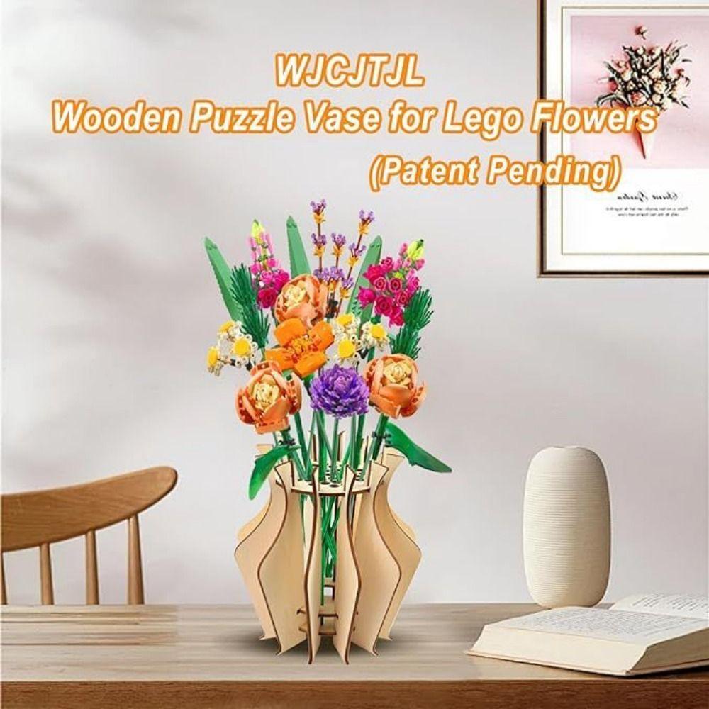 3D Wooden Puzzle Vase Wood Craft Fake Bouquet Holder Creative Flower Display Stand  Coffee Shop
