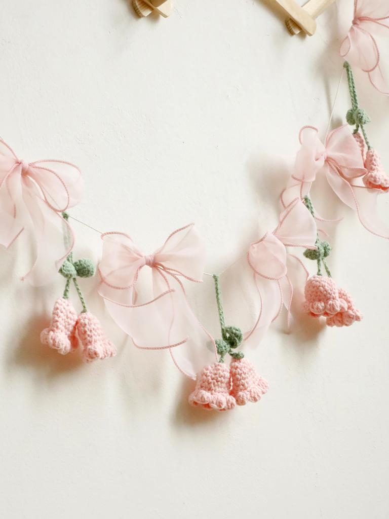 Handmade Crochet Flower Garland, Pink Floral Banner with Bows, Baby Shower, Wedding, Nursery, Party, Boho Wall Decoration Gifts