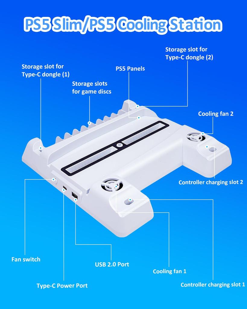 2024 New PS5 Vertical with Cooling Adjustable Fan Controller Charging Charging Two Controllers RGB USB Charging PS5 Accessories Slim/PS5 Stand, Stand,
