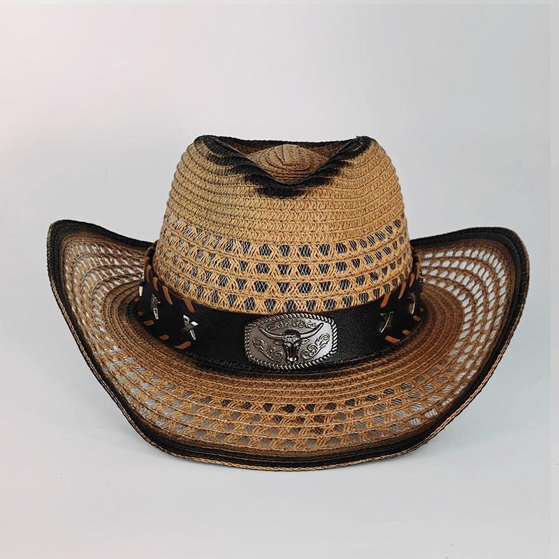 Summer Hard Embroidery Western Cowboy Straw Hat Women Fashion Large Brim Straw Hat Party Outdoor Sunshade Hat Sombrero Vaquero