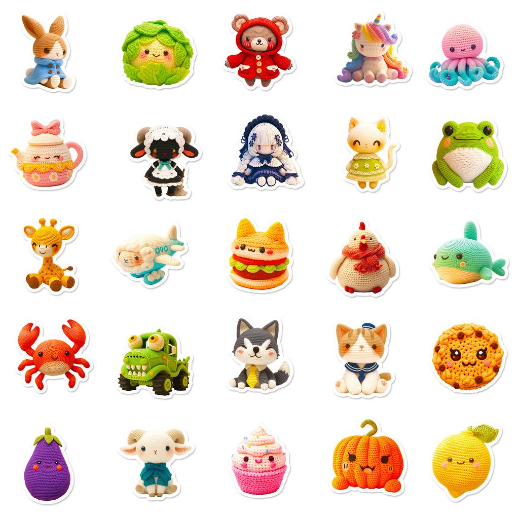 50Pcs Crochet Doll Cartoon Stickers - Cute Frog Starfish Decals for Luggage & Daily Decor