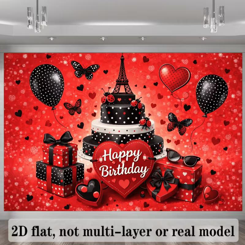 2D Birthday Photography Background, French Paris & Ladybug Themed Party Backdrop Banner