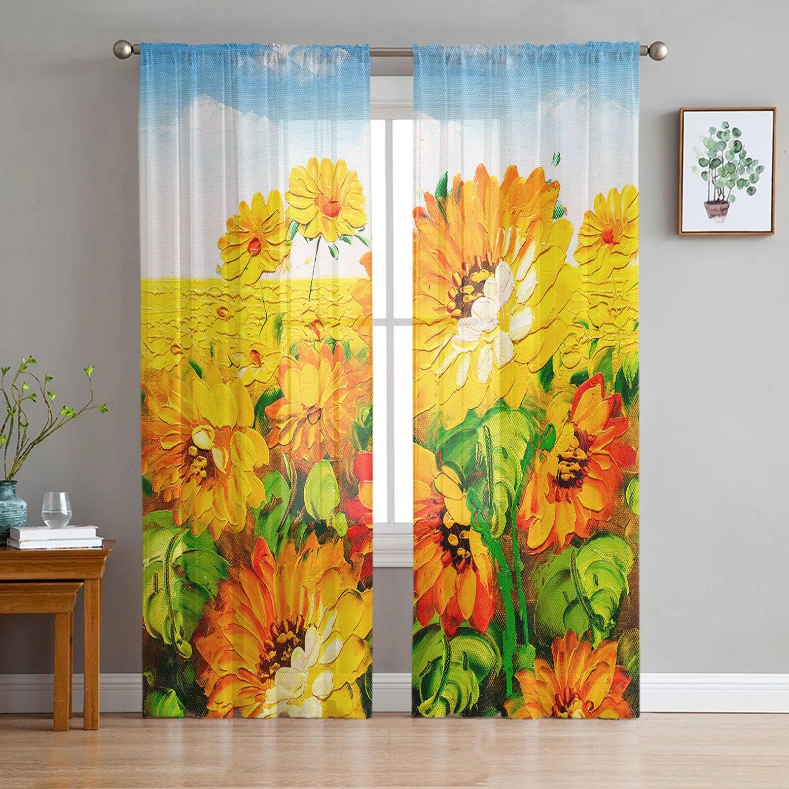 

Современные шторы с подсолнухом для гостиной, прозрачные тюлевые шторы, прозрачные оконные шторы для спальни, аксессуары, декор W135 x H114cm