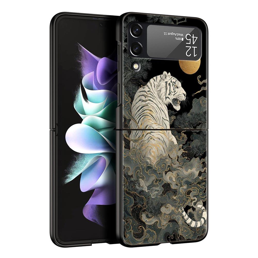 Phone Case for Samsung Galaxy Z Flip 3 4 5 6 7 Folding Black Shell For Samsung Z Flip4 Flip5 PC Hard Cover Animal White Tiger