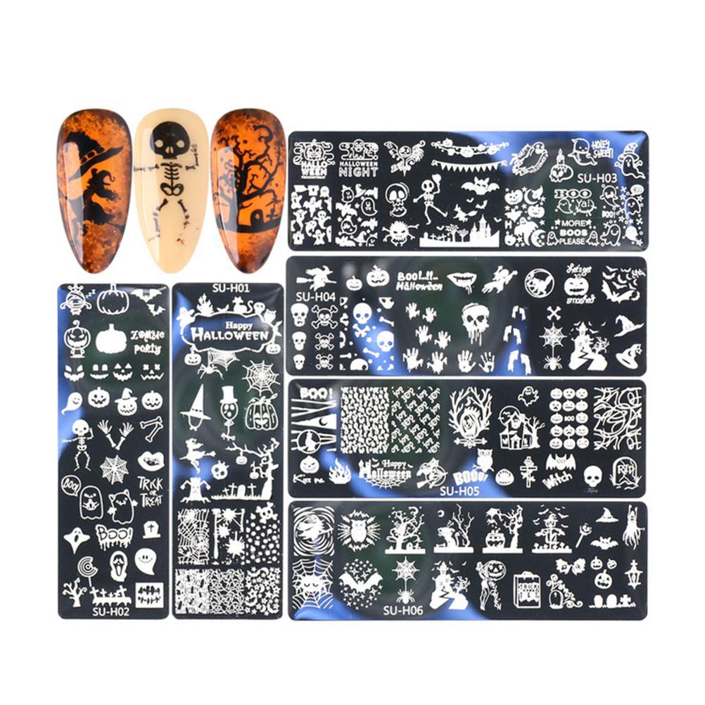

Набор из 6 пластин для штампов на ногтях на Хэллоуин из нержавеющей стали с изображением паутины, тыкв, летучих мышей и костей