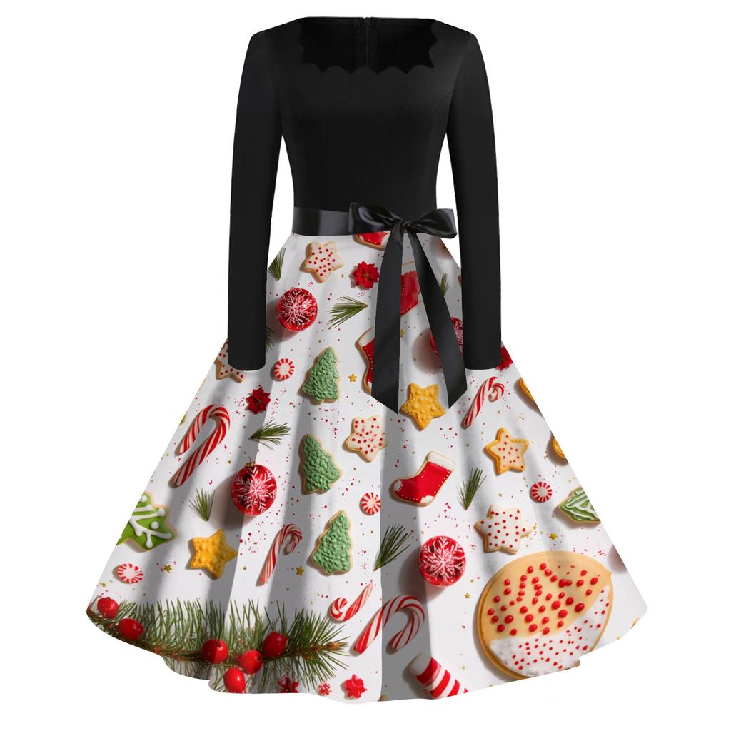 Women's Casual Fashion Christmas Print Square Neck Vintage Dress for Holiday Party