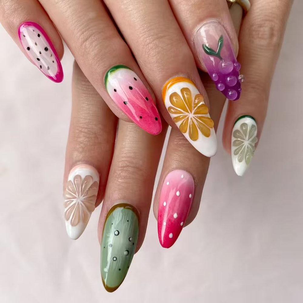 

Summer Fruit Party 3D Almond Nails - Energetic Style, Hot Selling Wearable Nails