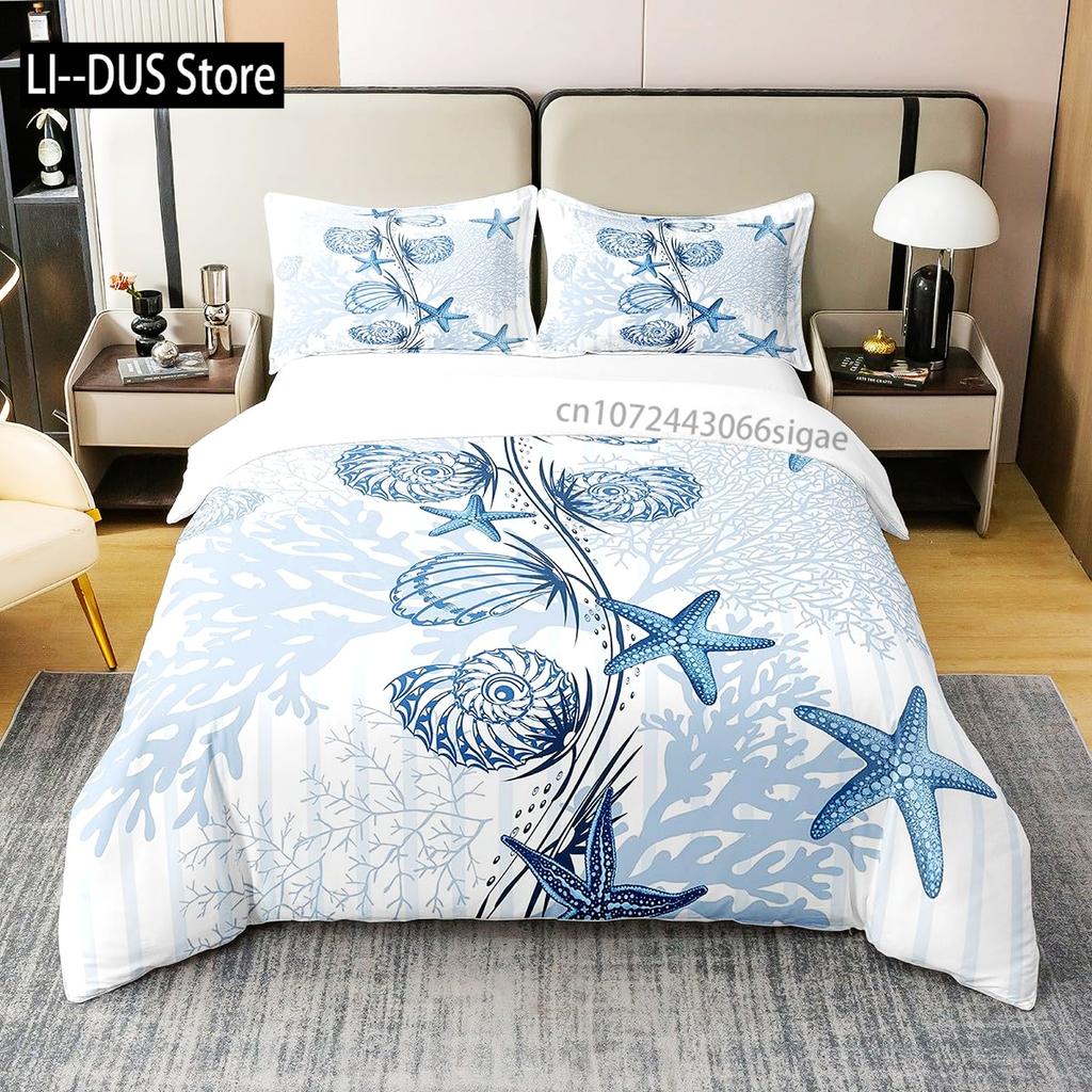 Blue Green Coastal Quilts Full Queen Size Bedding Coverlet Soft Starfish Bed Cover Ocean Quilt Set Seaside Home Decoration 3 Pcs