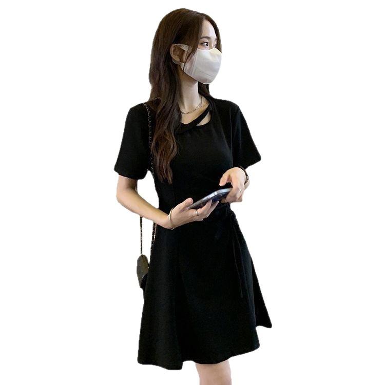 Hepburn style black dress women's summer new small drawstring slim temperament slim short skirt