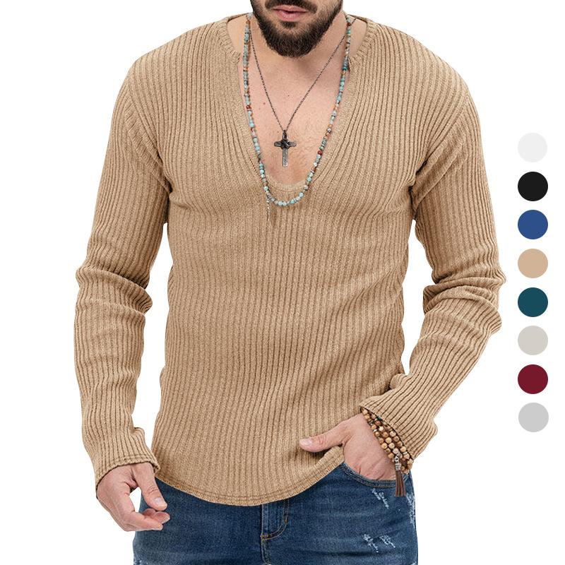 Men's Trend Spring and Autumn Deep V-neck Men's New Solid Color Knit Pullover