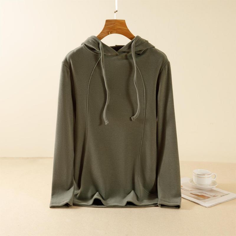 Derong Autumn Winter Double-sided Brushed Long Sleeved Hooded T-shirt for Women Loose Fit Slimming Base Shirt Hoodie & Sweatshirts Women’s