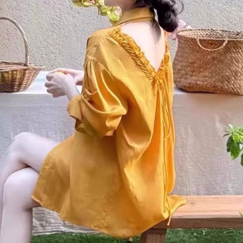 Back Hollow Women's Shirt Flip Collar Drawstring Design Button Up Blouse French Style Fashion Ladies Long Sleeved Top