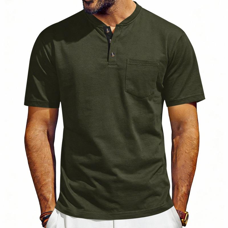 Men Henley Neck Short Sleeve T Shirt With Chest Pocket Casual Solid Color Tops