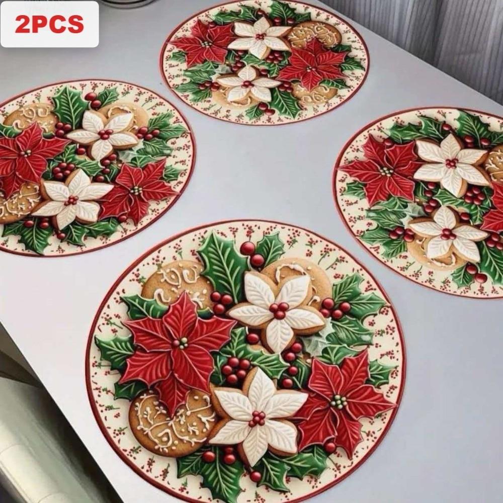 2PCS Anti-Slip Christmas Round Placemat Heat Resistant Christmas Dining Mat  Christmas Decor