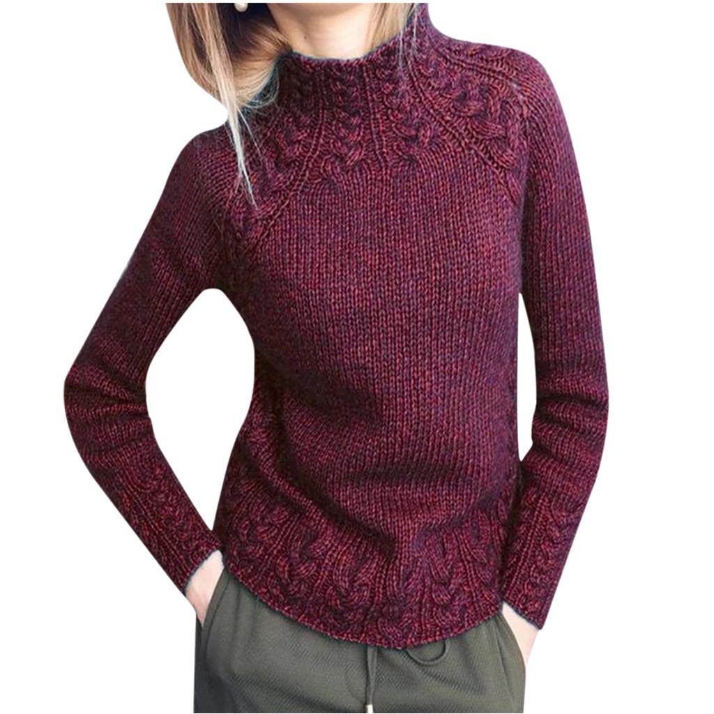 Women Sweater Solid Color Linen Sweater Knitted Turtleneck Sweater