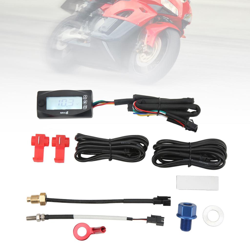 4 In 1 Motorcycle Thermometer Engine Oil Temp Voltage Time LCD Digital Display 12V