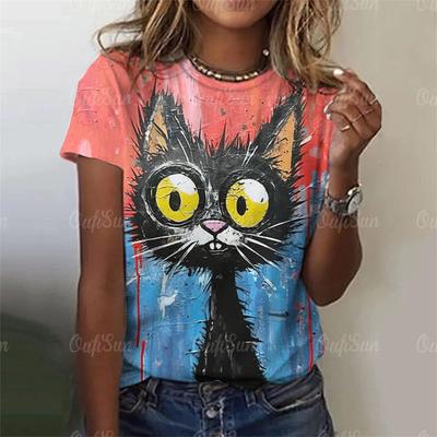 3d Print Funny Animal Graphic T-shirt Women Cute Cat Painting Loose Summer Leisure Fashion