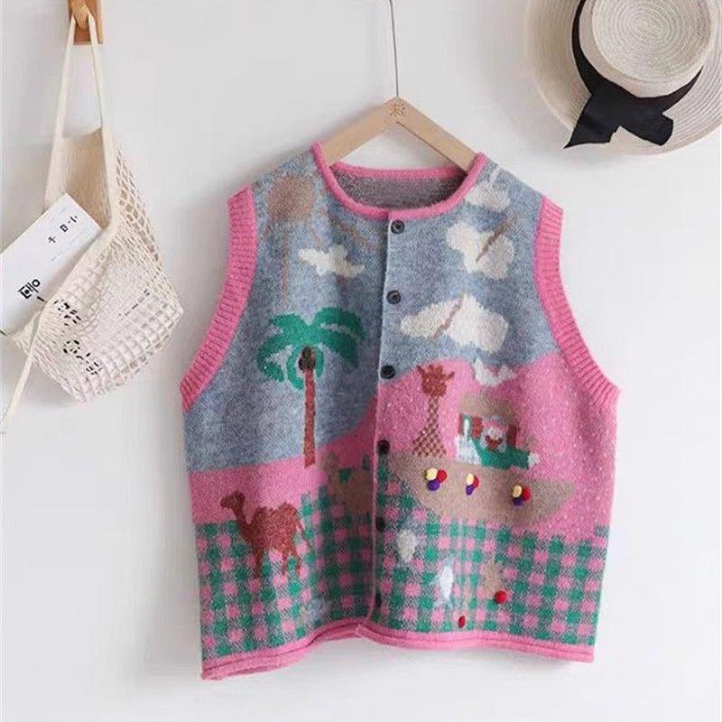 

Autumn Winter New Large Size Japanese Style Sweet Single Button Coconut Tree Loose Vest Women One Size рожевий
