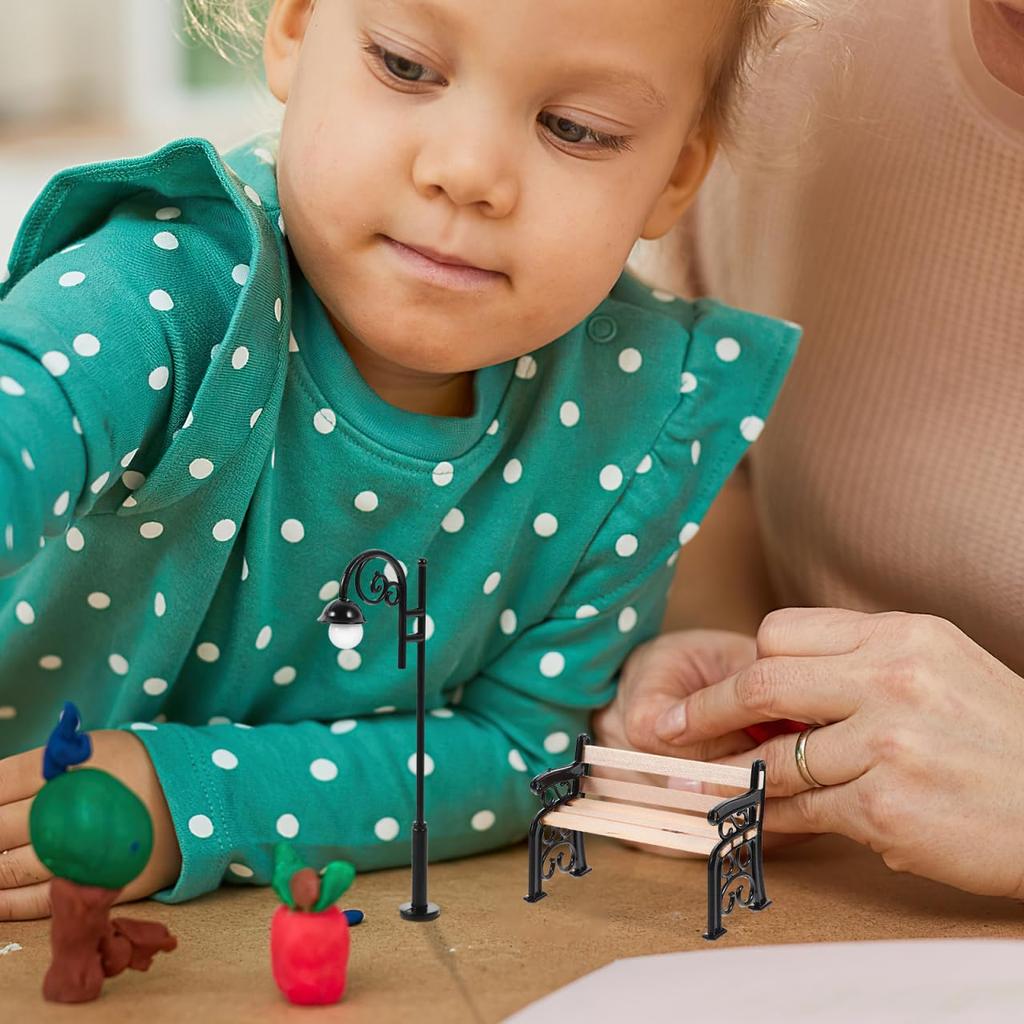 Ifundom Miniature Park Bench Set with Mini Street Light Post for DIY Dollhouse, Miniature Garden Furniture, 9.00 X 3.00 X 1.00cm, Desktop Decor