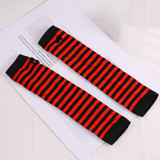 1 Pair Striped Half Finger Arm Covers Women Crochet Knitted Arm Wrist Gloves Hand Warmer