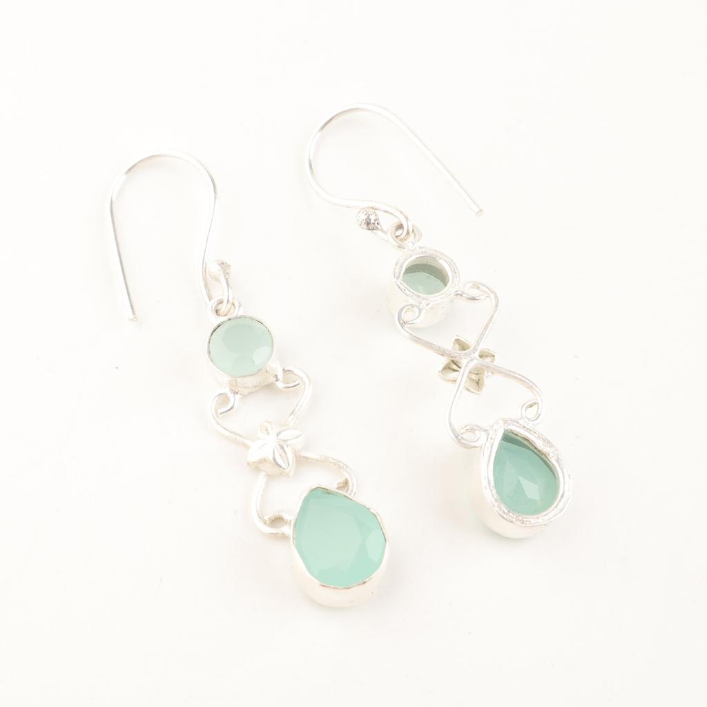 Natural Aqua Chalcedony Gemstone 925 Stamped Silver Jewelry Handmade Earrings 2" EE-156-14