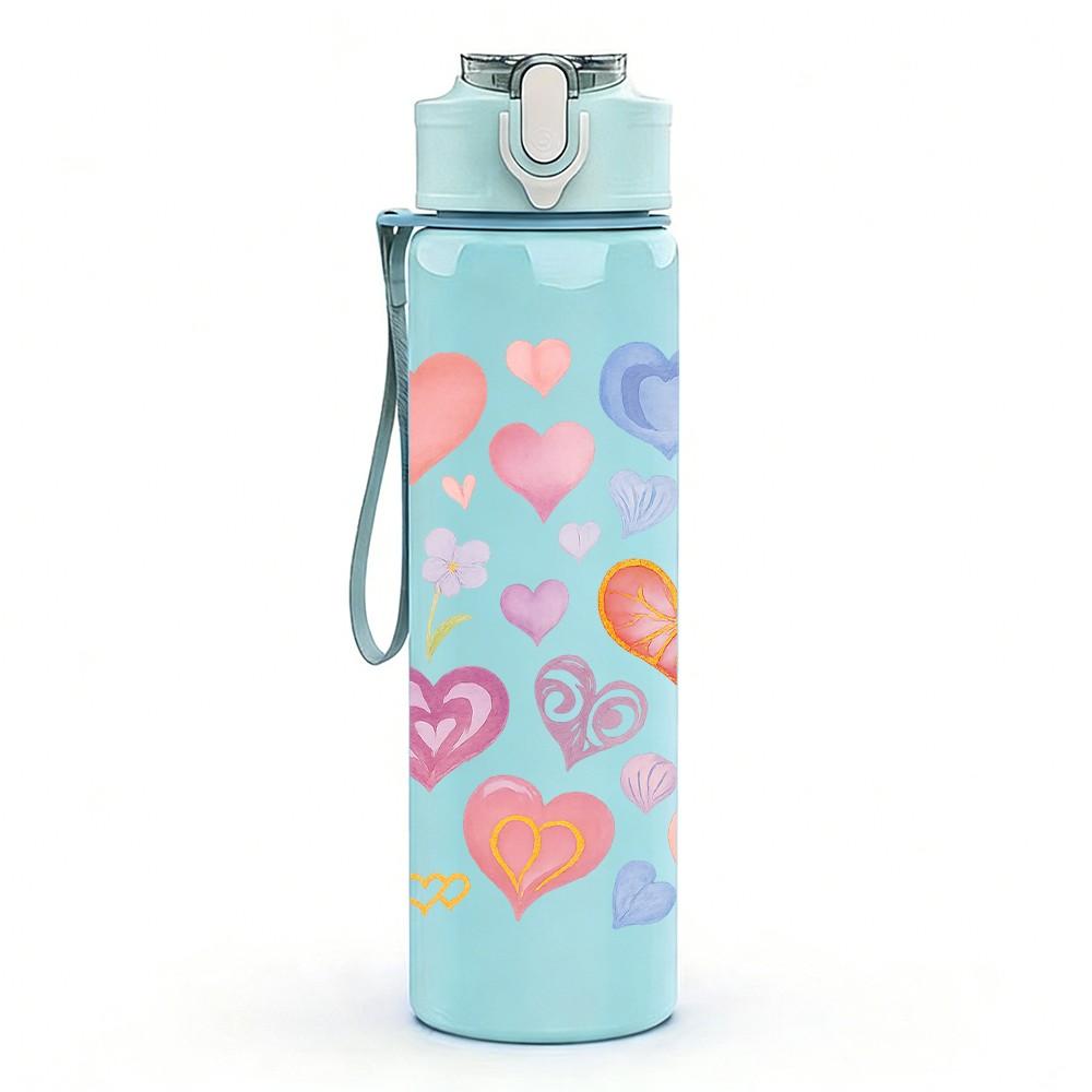 1PC Mixed Pastel Heart Love Pattern Print 750ml Color Plastic Sports Water Bottle Leakproof Flip Straw Lid Suitable for Sports Office Home Use