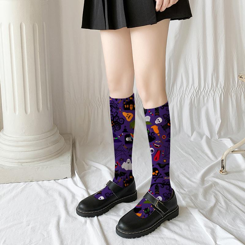 1 Pair Halloween Printed Calf Stockings In The Long Fashion Personality with Skull Pumpkin Bat Socks