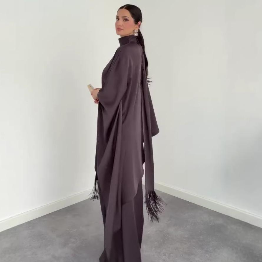 Cross-border European and American Women's Clothing 2026 Spring Amazon Long Hooded Fringed Shawl Dress Wide-leg Pants Set