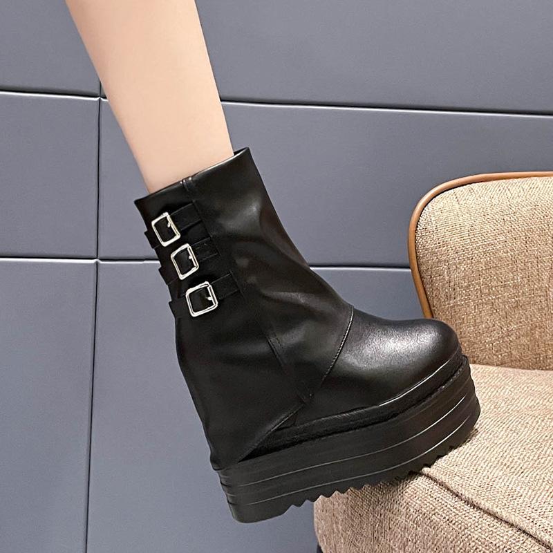 Fashion Spring 13cm Heel Thick Sole Mid-Calf Boots for Petite Women - Black/White Warm Stylish Height-Increasing Smoke Tube Design