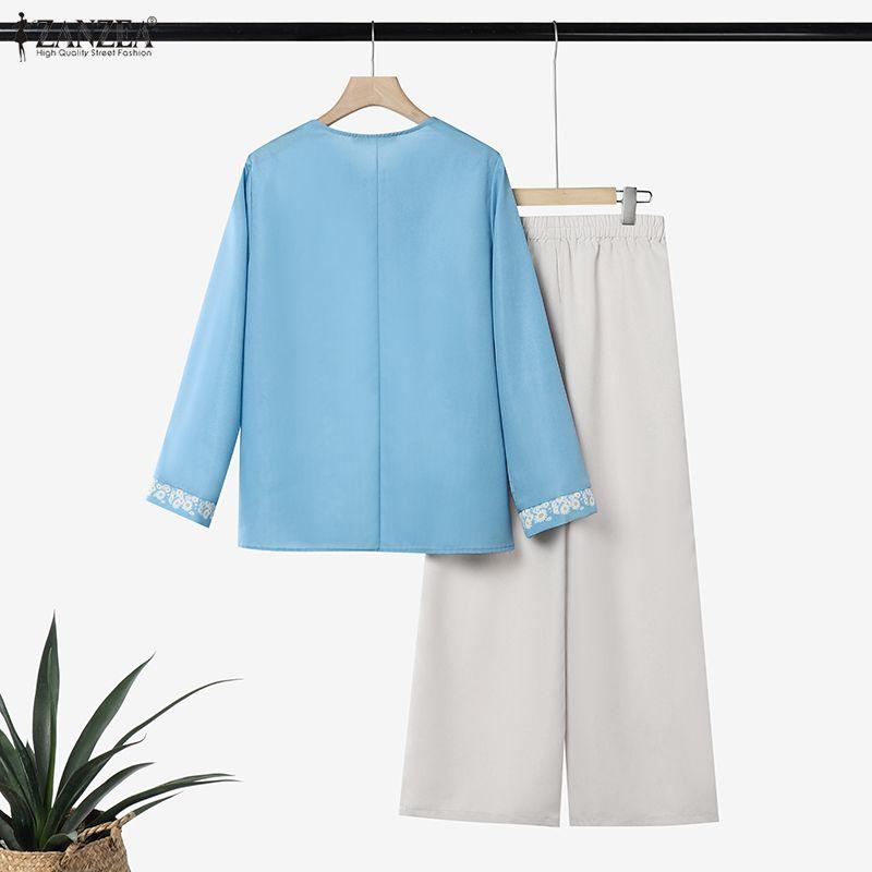 ZANZEA Women Long Sleeve Floral Blouse and Long Pants Casual Two Piece Suit Sets