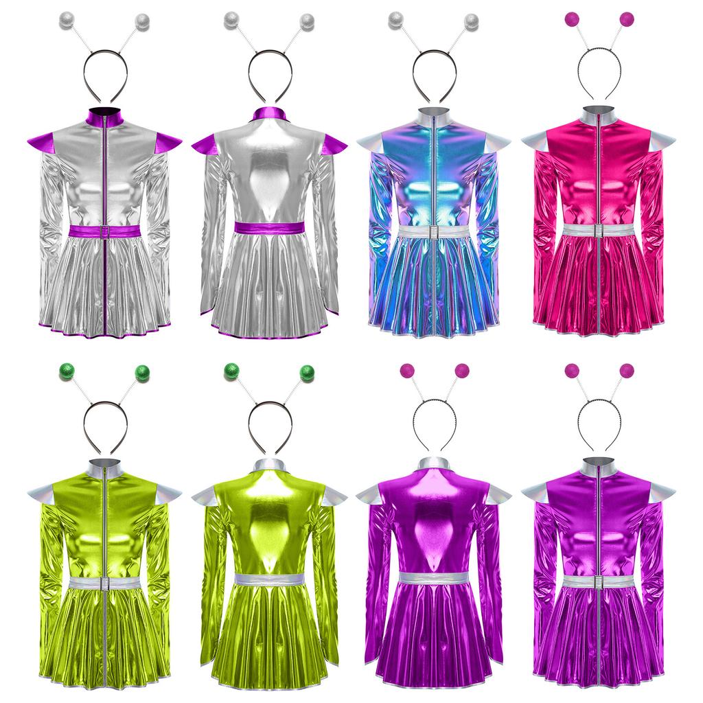 S-XXL Damen Rollenspiel Außerirdischenkleid: Halloween Astronauten Kostüm, Metallisch A-Linie mit Haarreif & Einfachem Frontreißverschluss