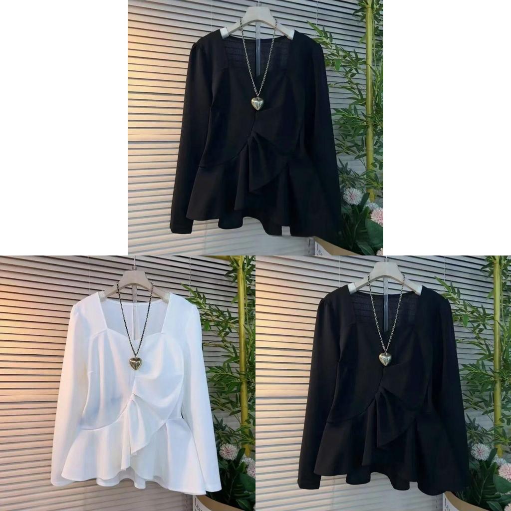 Simplicity Long Sleeved Top With Solid Color And Pleated Design For Spring Private Style