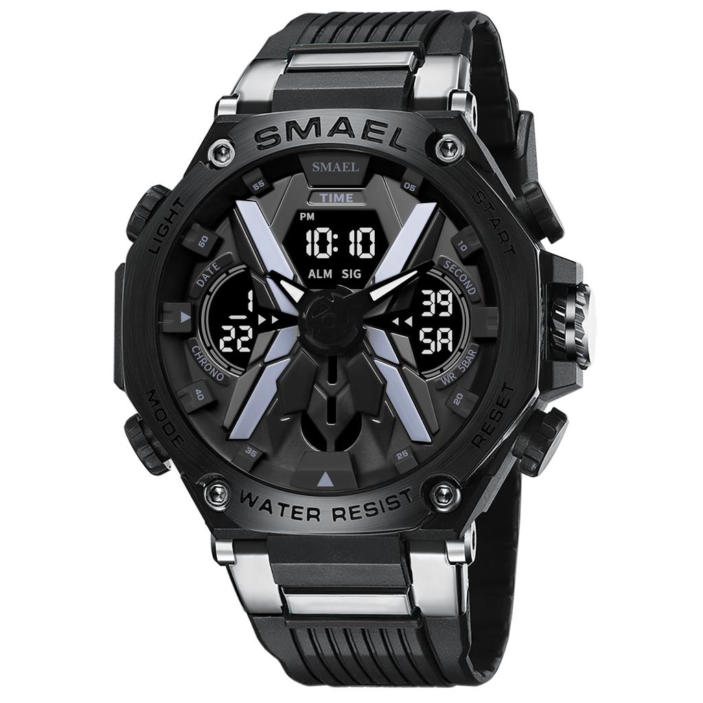 SMAEL Orologio Sportivo Digitale Da Uomo – Stile Militare, Cronometro, Doppio Display, LED, Resistente All'acqua 5 ATM, Cinturino In Resina, Nero