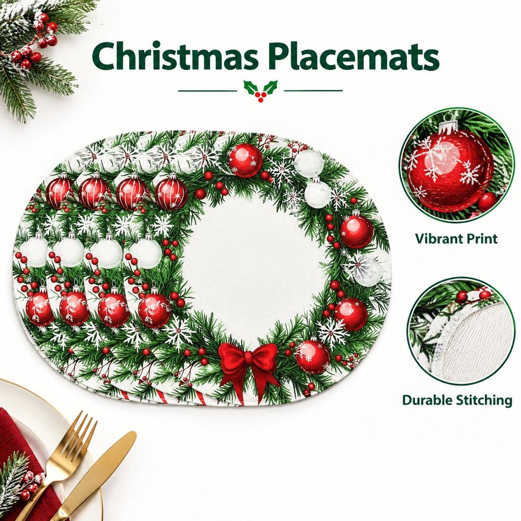 Set of 4 Round Christmas Placemats Printed Heat Holiday Table Mats for Dining Room Decor