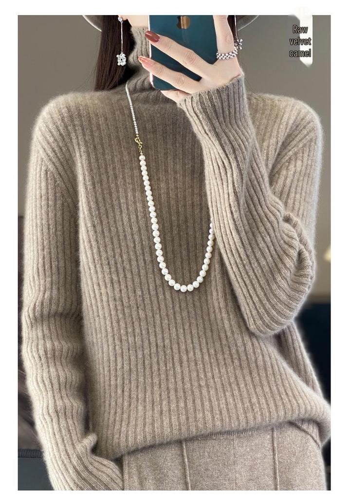 Women's High-Neck Wool Sweater: Seven-Needle Double-Strand, Thickened Vertical Rib Knit, Loose Fit, Long-Sleeved Autumn/Winter Base Layer.