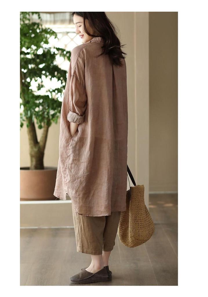 2026 Spring Women's Retro Cotton Linen Dark Pattern Mid-Length Cardigan Shirt
