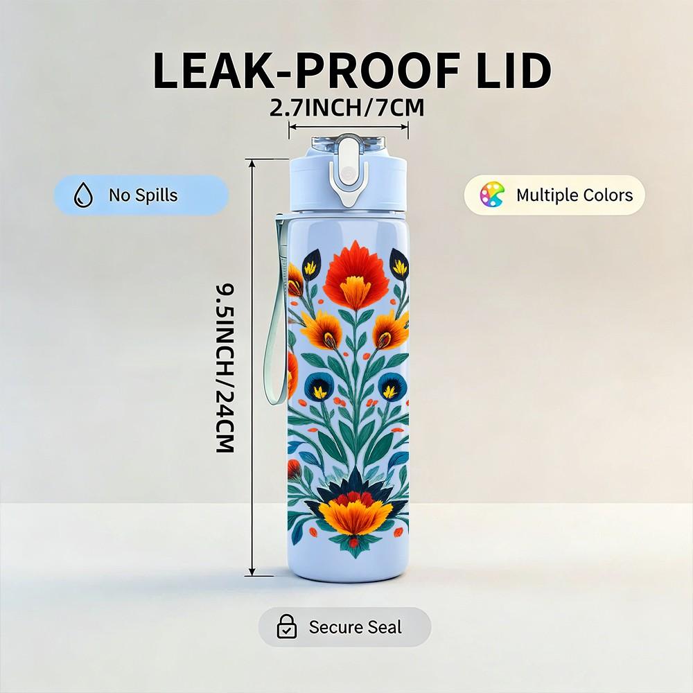 1PC Multi Color Folk Flower 750ml Color Plastic Sports Water Bottle Leakproof Flip Straw Lid Suitable for Sports Office Home Use