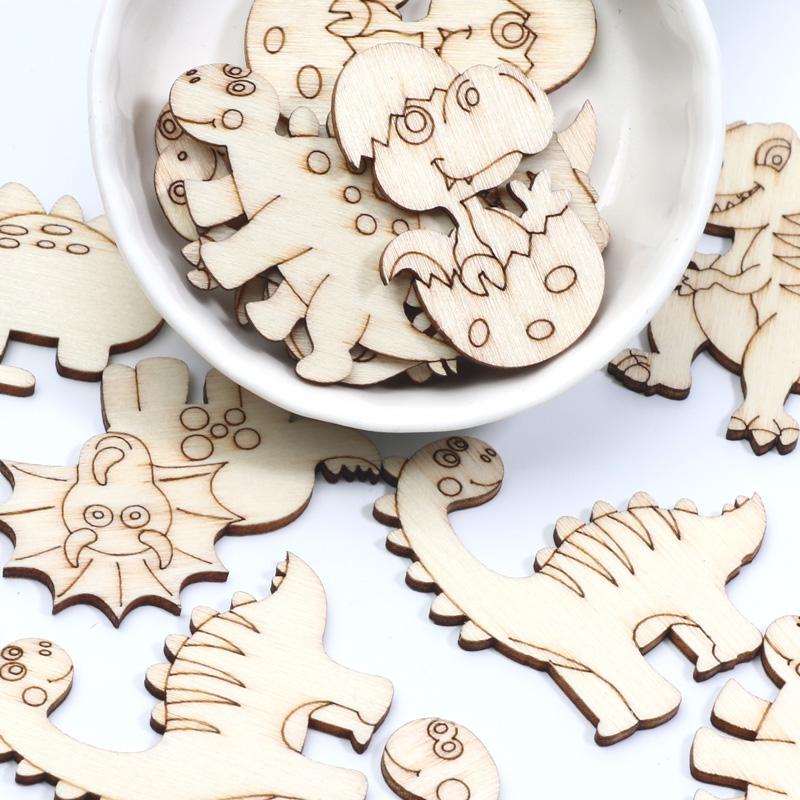 20pcs Mixed Dinosaur Cartoon Wooden Slices For Scrapbooking Embellishments DIY Crafts Supplies Wood Ornament Home Decor