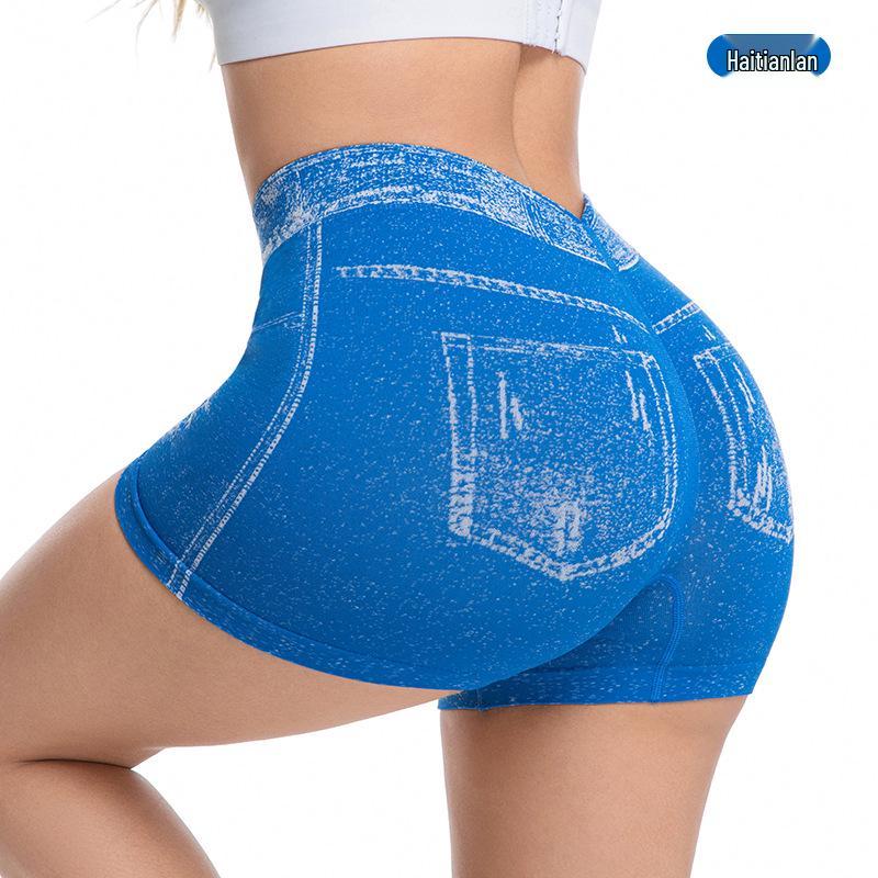 Denim-Style High-Waisted Tummy Control Peach Butt Lifting Yoga Shorts