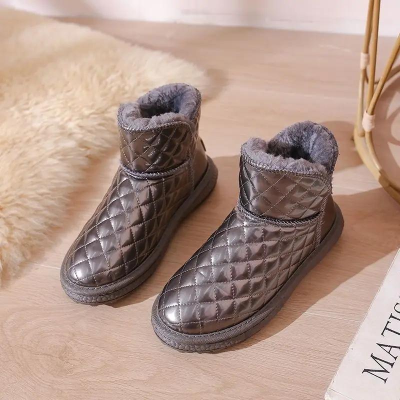 Fashion Leather Snow Boots Women's Winter New Internet Celebrity Ankle Boots Non-slip Waterproof Warm Velvet Cotton Shoes Bread Shoes