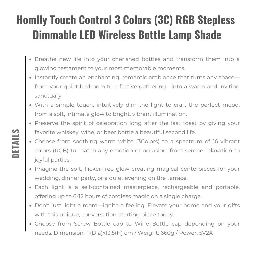 Homlly Touch Control 3 Colors RGB Stepless Dimmable LED Wireless Bottle Lamp Shade