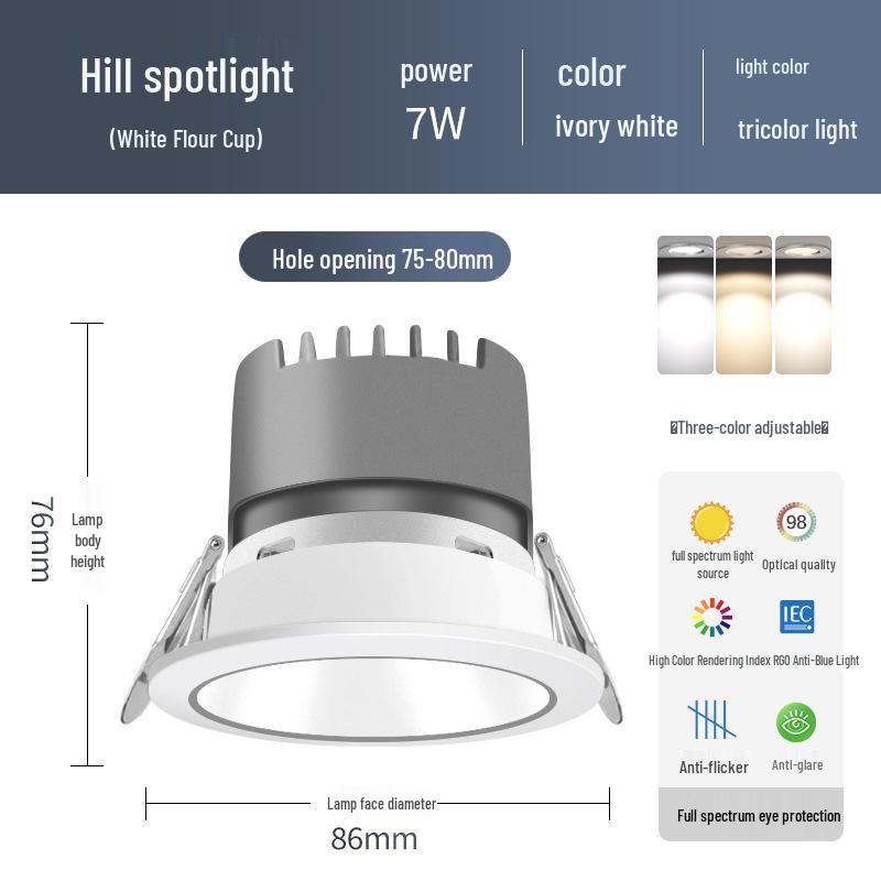 Small Hill Anti-Glare LED Recessed Ceiling Spotlight for Living Room, Home, or Commercial Use - 75 Downlight