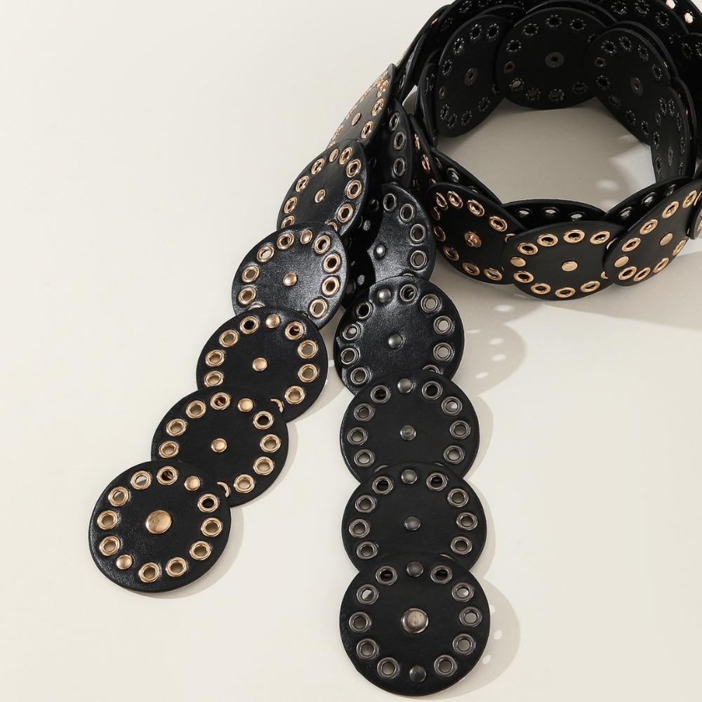 Y2k Disc PU Hollow Belt Zinc Zinc Alloy Concho Waistband Adjustable Rivet Wide Belt Festival