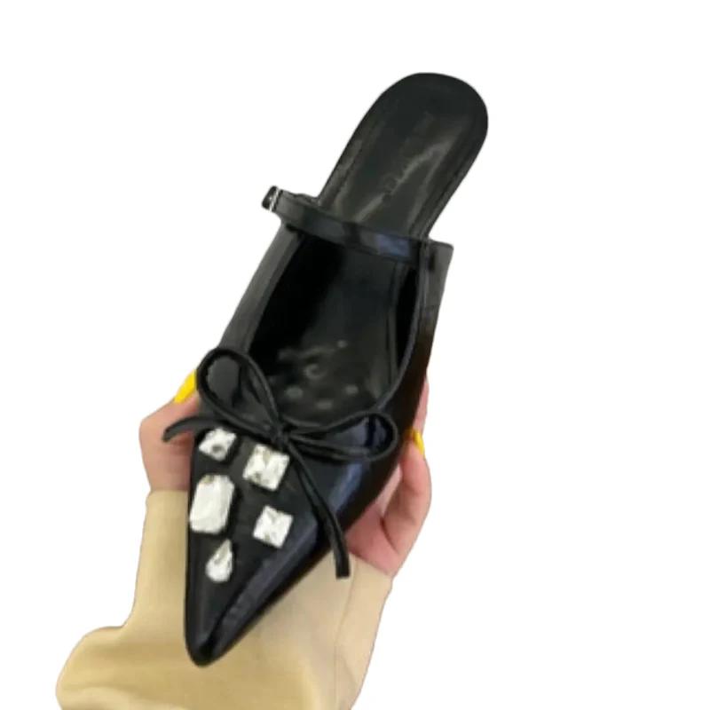 Luxury Crystal Women Flats Slippers Bow Pointed Toe Elegant Mules Shoes 2025 Summer Fashion Flip Flops Slides Sandalias Mujer