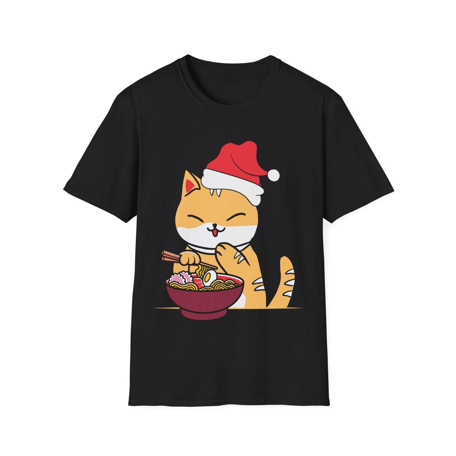 Santa Cat Eating Ramen T-Shirt Christmas Kitty Noodle Bowl Tee M