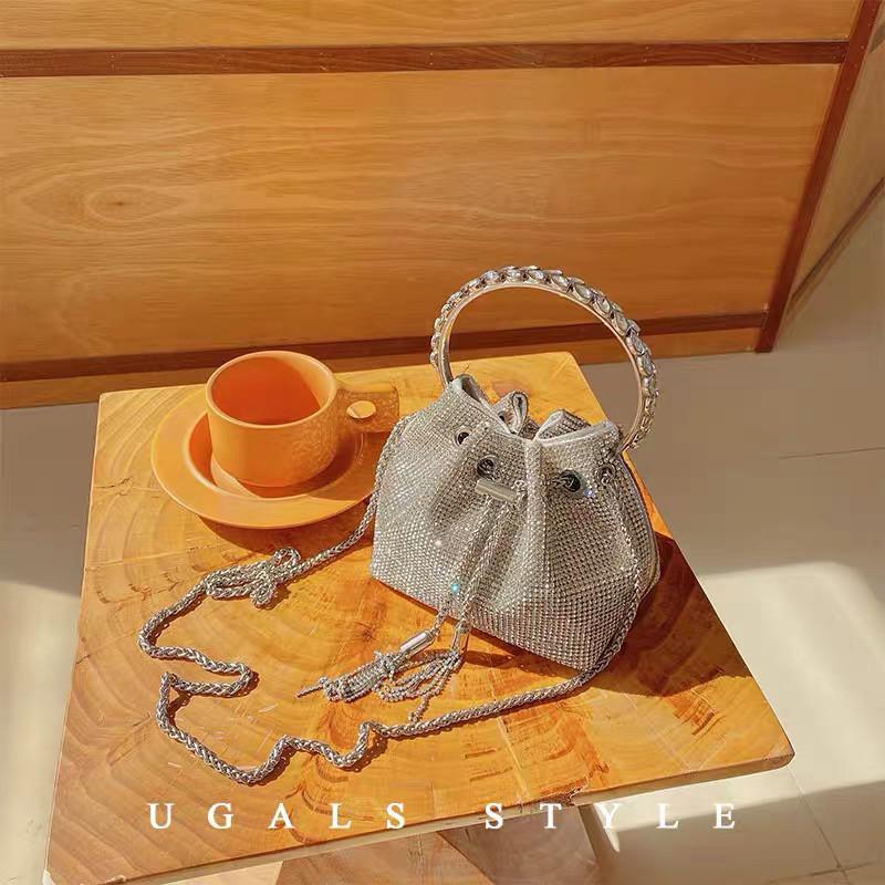 

JIAERDI Fairycore Aesthetic Rhinestone Bucket Bag For Women New Trendy Handle Purse Female Beading Shine Hand Bag Crossbody Bags 17x15.5x10.5cm срібний